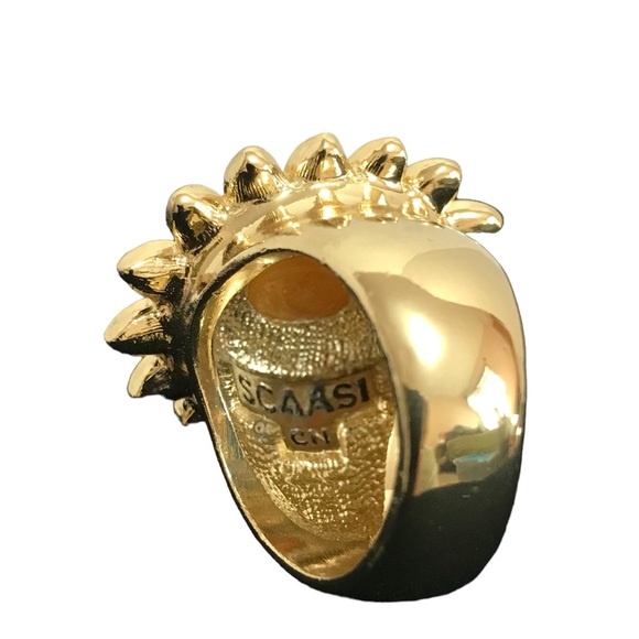 Vintage Scaasi Large Cocktail Ring Clear Crystal Faux Pearl Gold Tone Size 10 - Picture 7 of 8